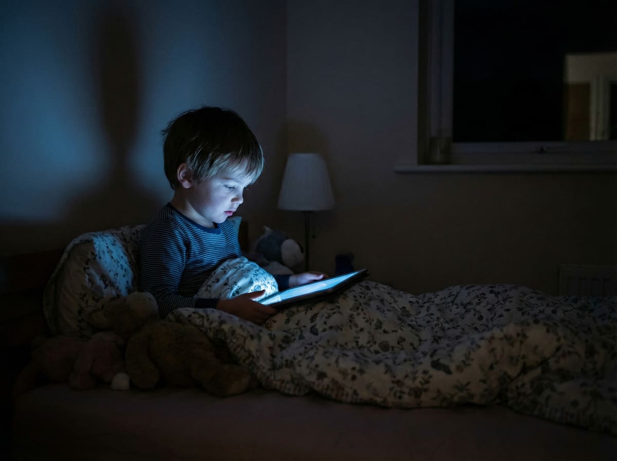 Kind liegt nachts im Bett und schaut gebannt auf ein Tablet — blaues Licht beleuchtet sein Gesicht im Dunkeln