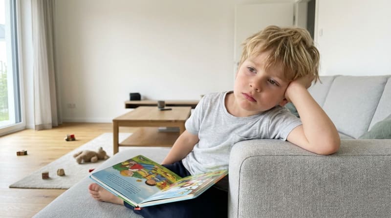 Kind sitzt gelangweilt auf dem Sofa, ein buntes Kinderbuch liegt desinteressiert in seiner Hand