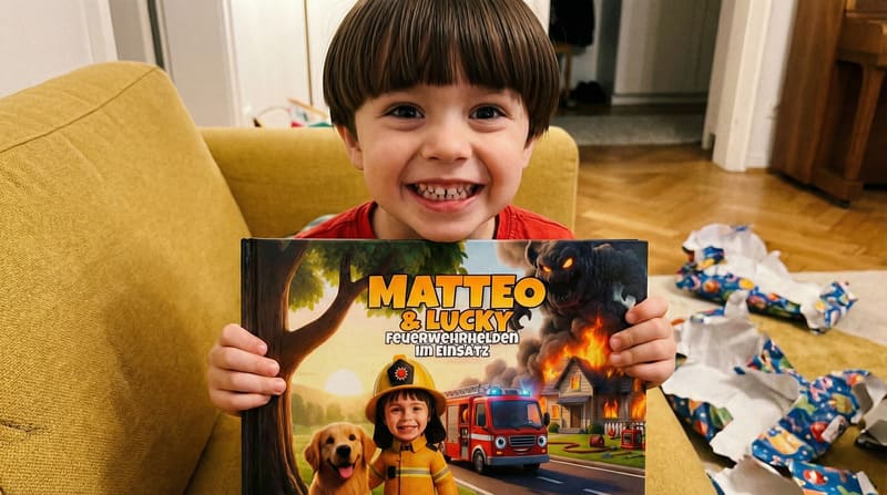 Kind hält sein personalisiertes Heldenbuch strahlend in die Kamera